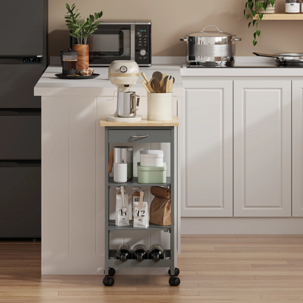 Carrello Portaoggetti Biel con Cassetto 3 Ripiani e Griglia Portabottiglie 76x37x37 cm - Grigio Scuro / Effetto Legno [en.casa]