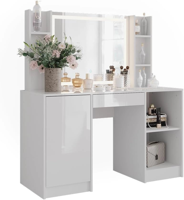 Tavolo da toeletta Sherry, Bianco/bianco lucido, 128.2 cm 4 parti