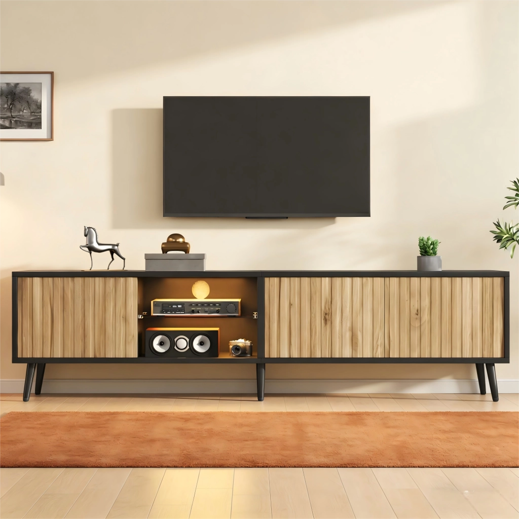 Cassettiera TV in truciolato naturale e nero 175 cm
