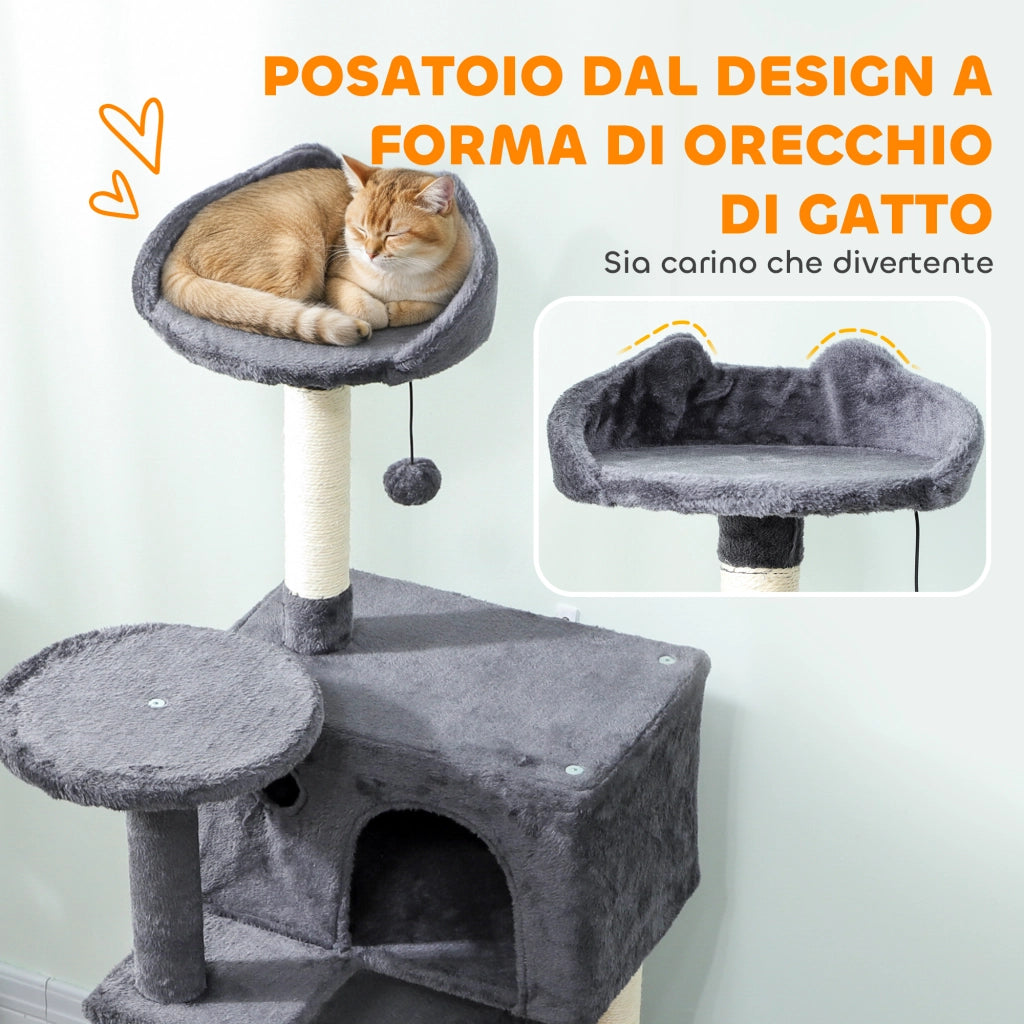 Albero per Gatti con 2 Casette, Lettino e Amaca ¨C Zephmum ¨C Grigio, Peluche, 140 cm