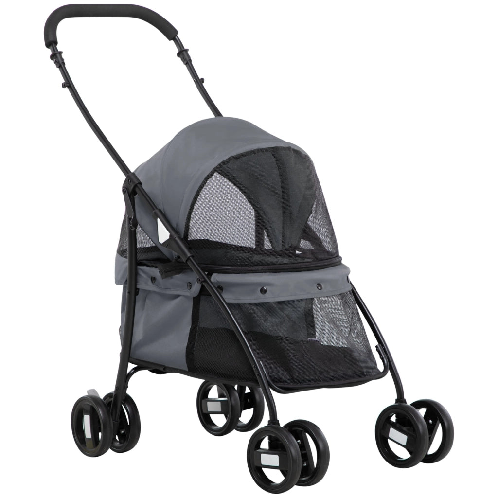 Passeggino per Cani Pieghevole 82x47x97 cm con Borsa e 2 Guinzagli Grigio e Nero