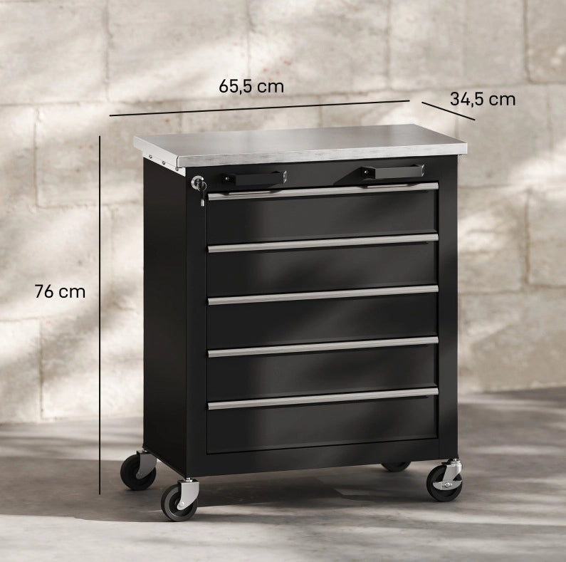 Carrello portautensili in acciaio con 5 cassetti nero