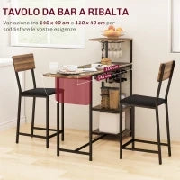 Set Bancone Bar Pieghevole e 2 Sgabelli Alti con Schienale, Portavini e Portacalici, Marrone