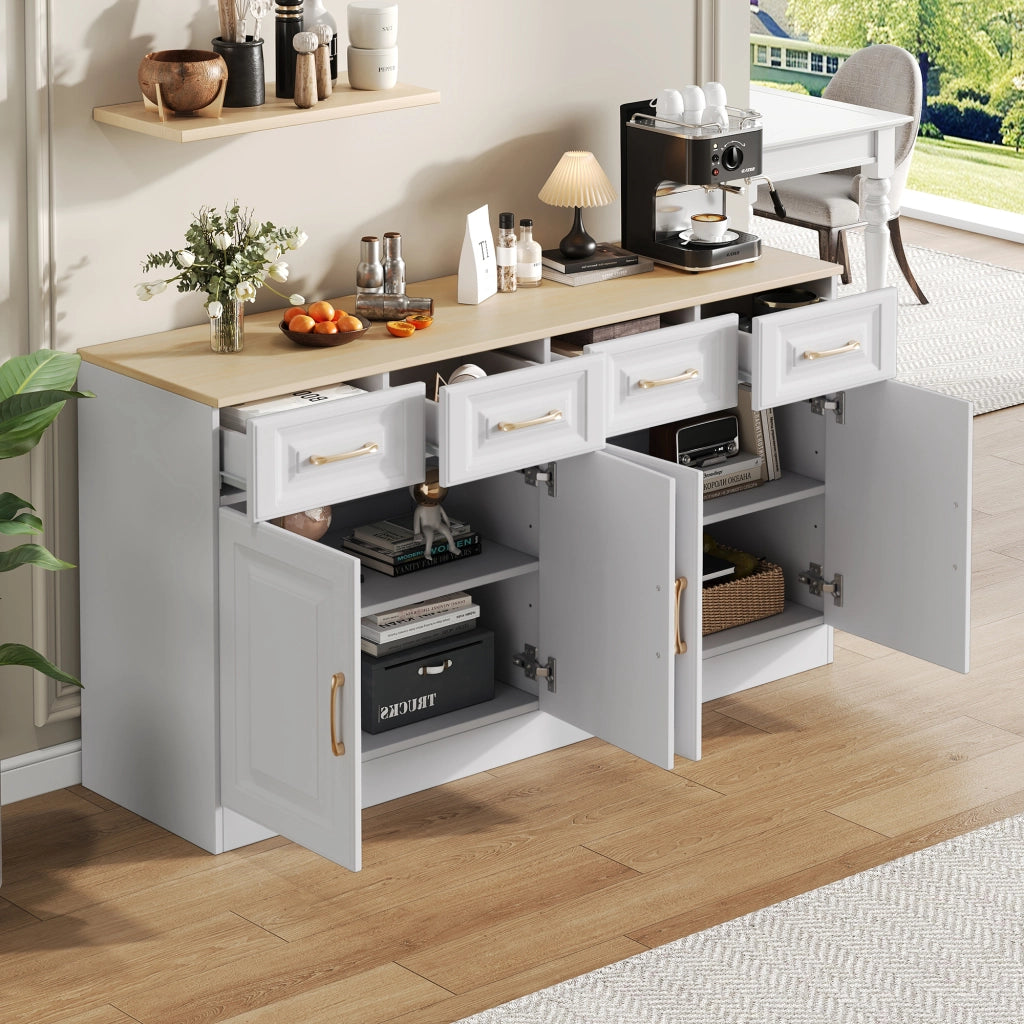 Credenza con 4 ante; 4 cassetti e ripiani regolabili - per cucina - in truciolare - 140×40×75 cm - bianco e rovere