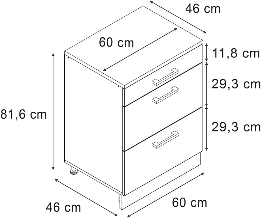 Mobile per mansarda Rion, Bianco casa di campagna, 60 x 81.6 cm senza inclinazione con 3 cassetti