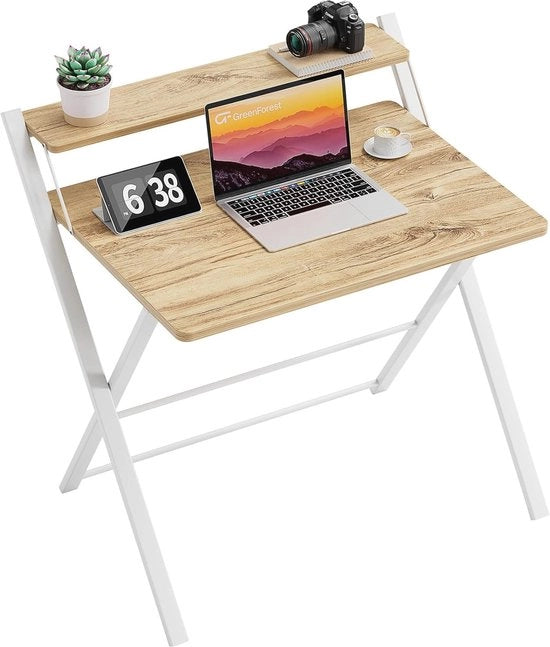 Scrivania Opportuna senza Montaggio - Scrivania Pieghevole con 2 Livelli per Studio e Lavoro - Beige