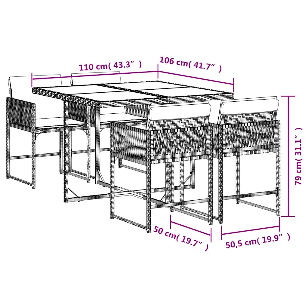 Set da Pranzo da Giardino 5pz con Cuscini in Polyrattan Marrone