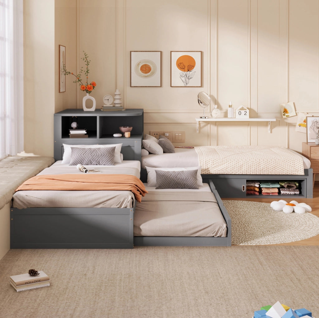 Letto singolo 90x200 con letto estraibile, ante scorrevoli e luce LED grigio