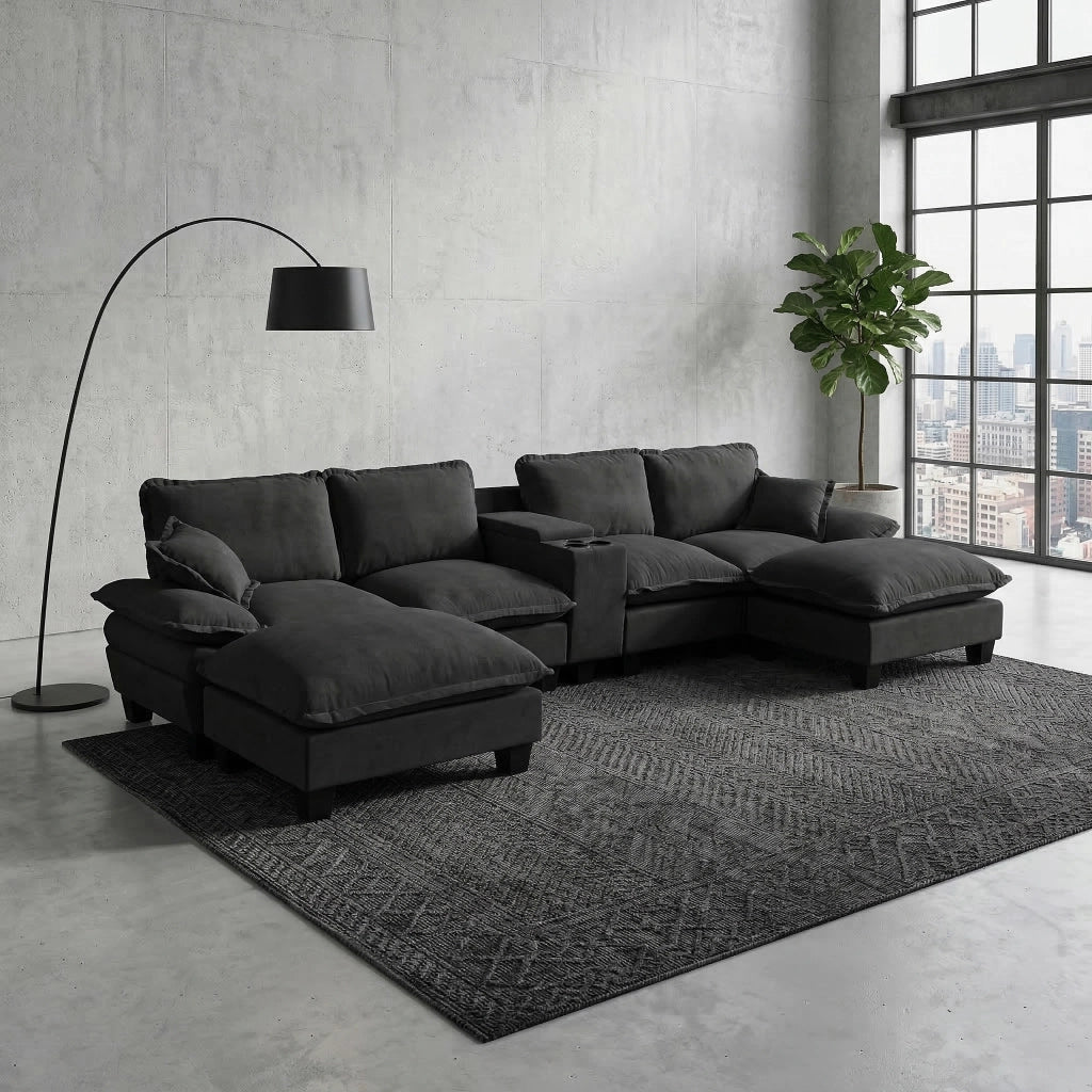 Divano panoramico a U modulare con contenitore; USB e portabicchieri in chenille - nero 362×151×90 cm