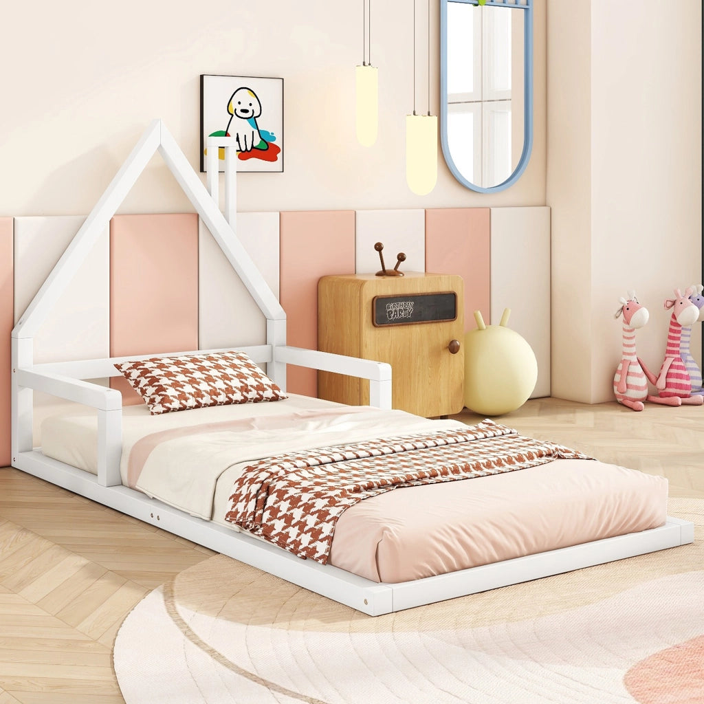 Letto per bambini bianco a forma di casa in legno di pino massello 90x200 cm