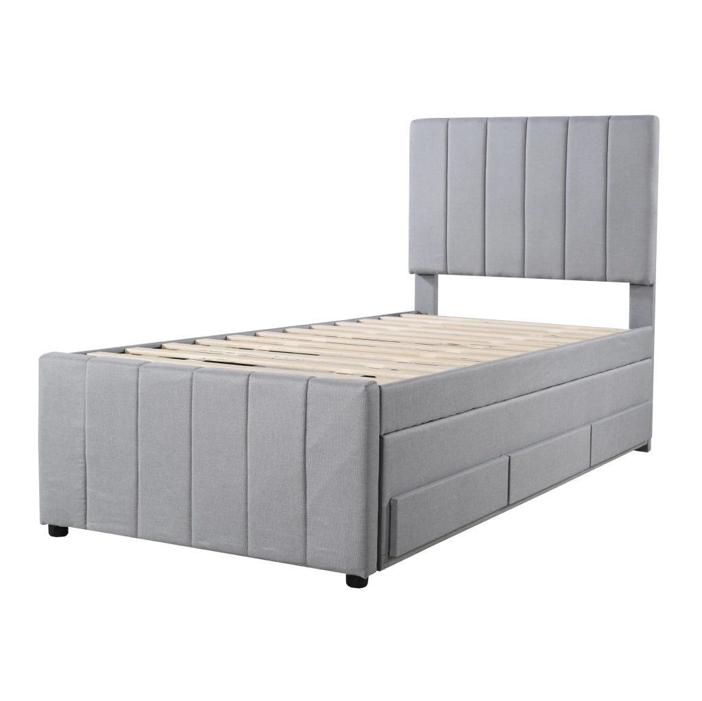 Letto singolo imbottito ULEVR 90x200 cm con letto estraibile 90x190 e 3 cassetti, tessuto grigio