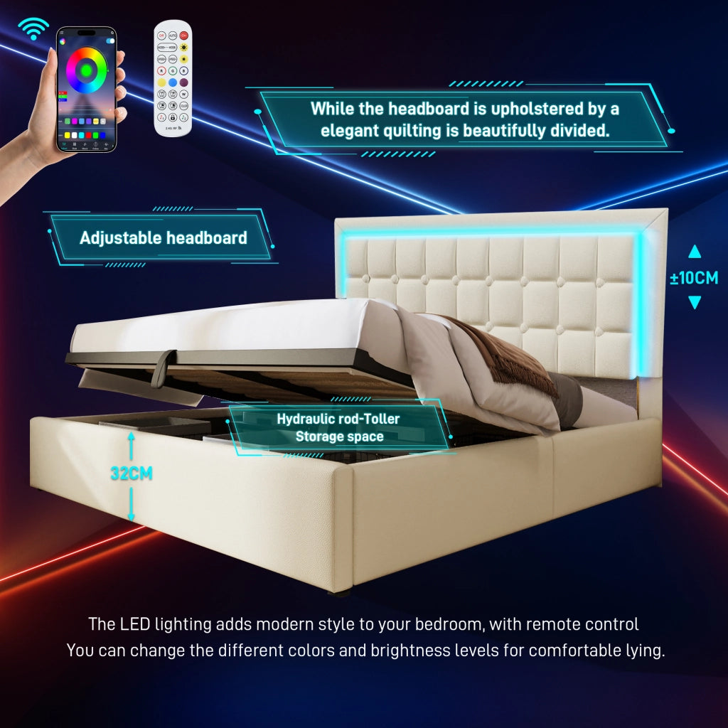 Letto contenitore matrimoniale 140 × 200 cm con illuminazione LED, contenitore idraulico e senza materasso, in PU bianco
