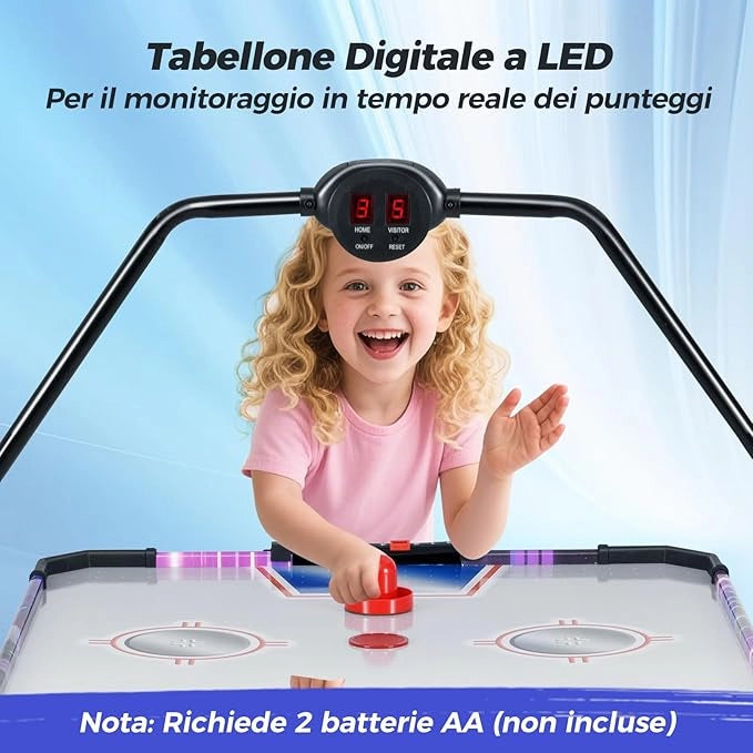 Tavolo Air Hockey, Tavolo da Gioco con Segnapunti Digitale LED 2 Spintori e 2 Dischi, 12V Potente Motore, per Casa Sala Giochi e Ufficio, 144 x 68 x 81 cm
