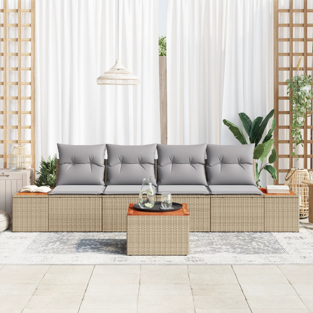 Set Divano da Giardino a 5 Pezzi con Cuscini Beige Rattan Acacia