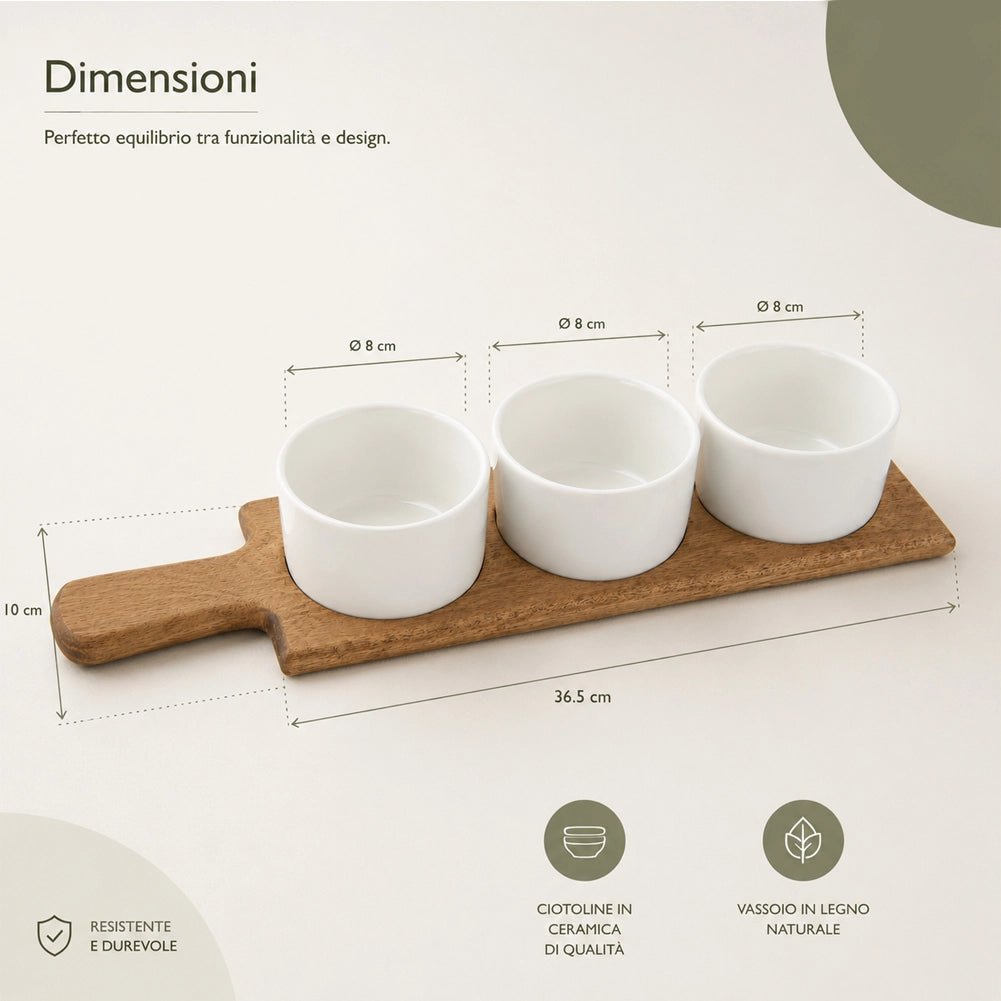 Vassoio Aperitivo da Portataa 36,5x10 cm in Legno Ciotole Ciotoline in Ceramica Bianco