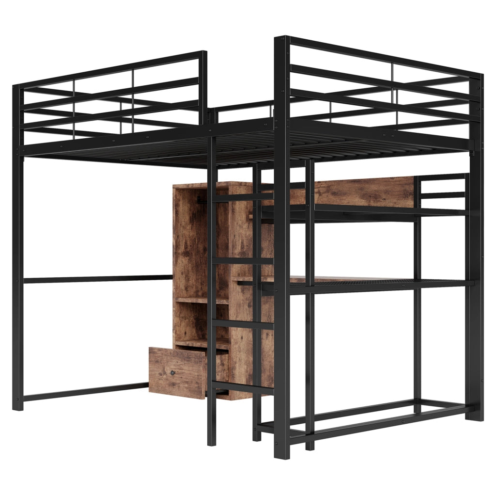 Letto a soppalco 140x200 cm con LED; scrivania; cassetto e mensole in MDF e metallo