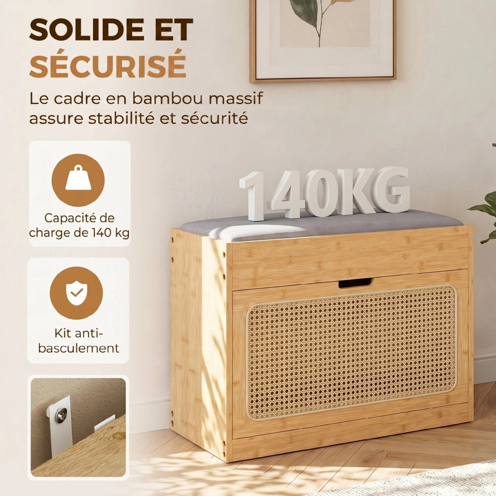 Panca Portascarpe in Bamb¨´ ¨C Minimal ¨C Legno Naturale, Rotan, Seduta Imbottita