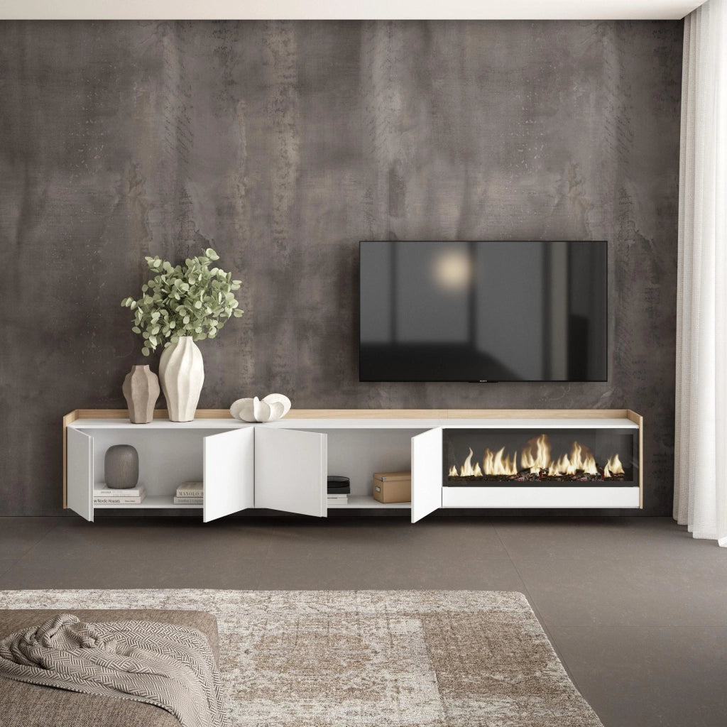 Mobile TV Soggiorno, 315x50x35 cm, Per TV fino a 80", Camino elettrico XXL, Sospeso, da appendere, Bianco e Rovere soft