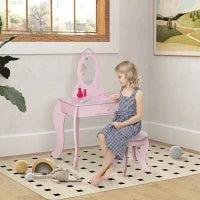 Tavolo Trucco per Bambini con Sgabello in Legno, Toeletta con Specchio e Cassetto, 60x36x88cm, Rosa