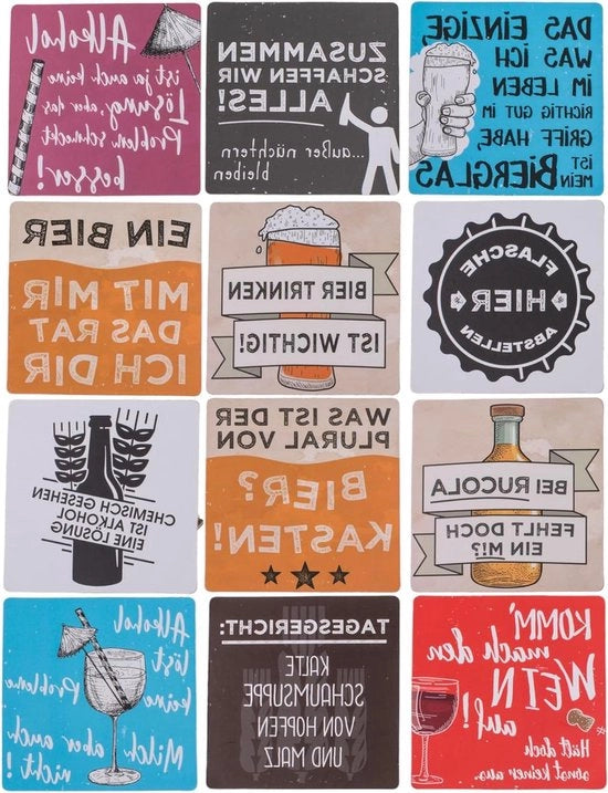 Set di 12 Sostegni in Vetro - Slogans Divertenti - 9,5 x 9,5 cm - Fondotondo Curvo