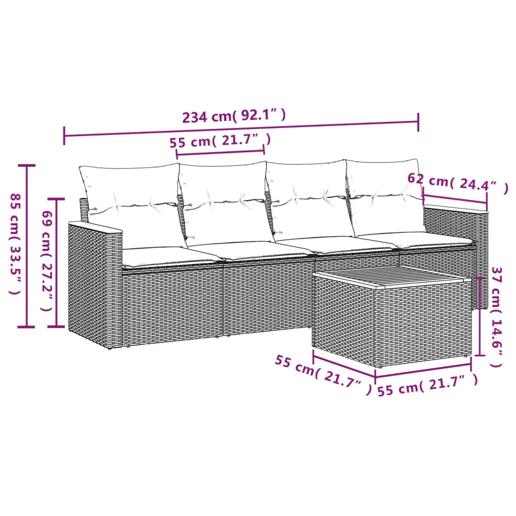 Set Divano da Giardino 5 pz con Cuscini Beige in Polyrattan