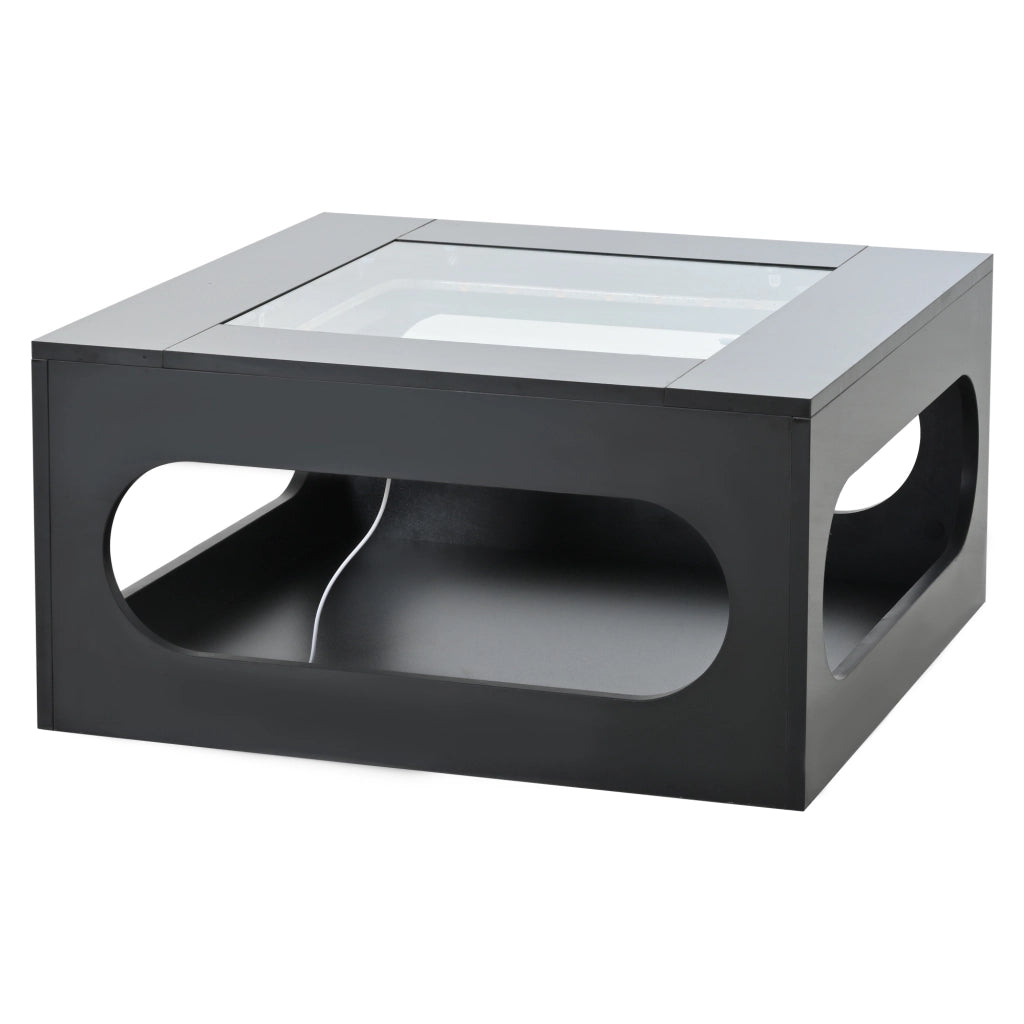 Tavolino da caffè con vano centrale e LED; per soggiorno; in MDF e vetro; 70×70×35 cm; nero