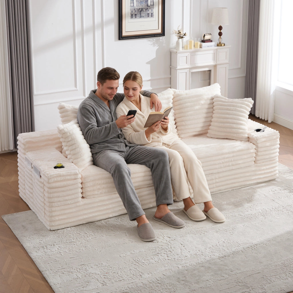 Divano letto con schienale alto tasche laterali e portabicchieri cuscini trasformabile in velluto a coste beige