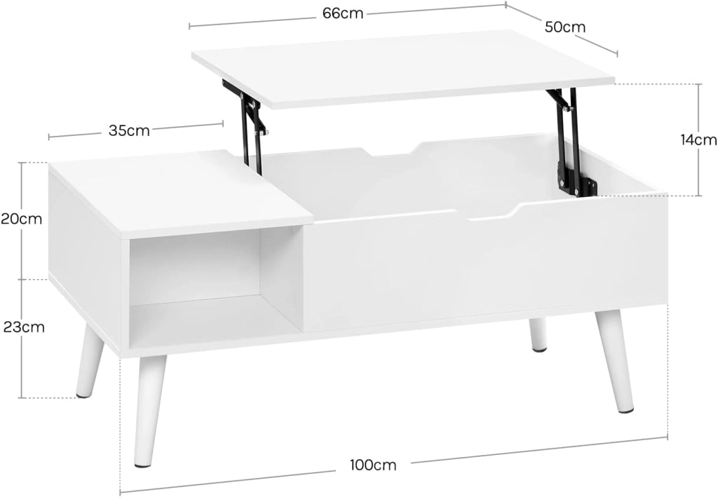 Tavolino da Caffè Sollevabile e Allungabile, Tavolo con Spazio Interno e Scomparto Aperto, Tavolino da Salotto per Soggiorno, 100x50x(43-57) cm, Bianco, BTS26ws