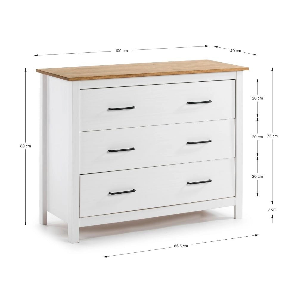 Comò Miranda in legno massiccio bianco e pino 100x40x80H – Stile Elegante e Robusto