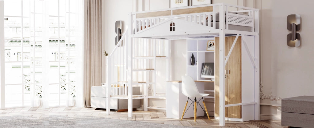 Letto a castello in metallo e legno bianco con recinzione di sicurezza e finestra 90x200 cm