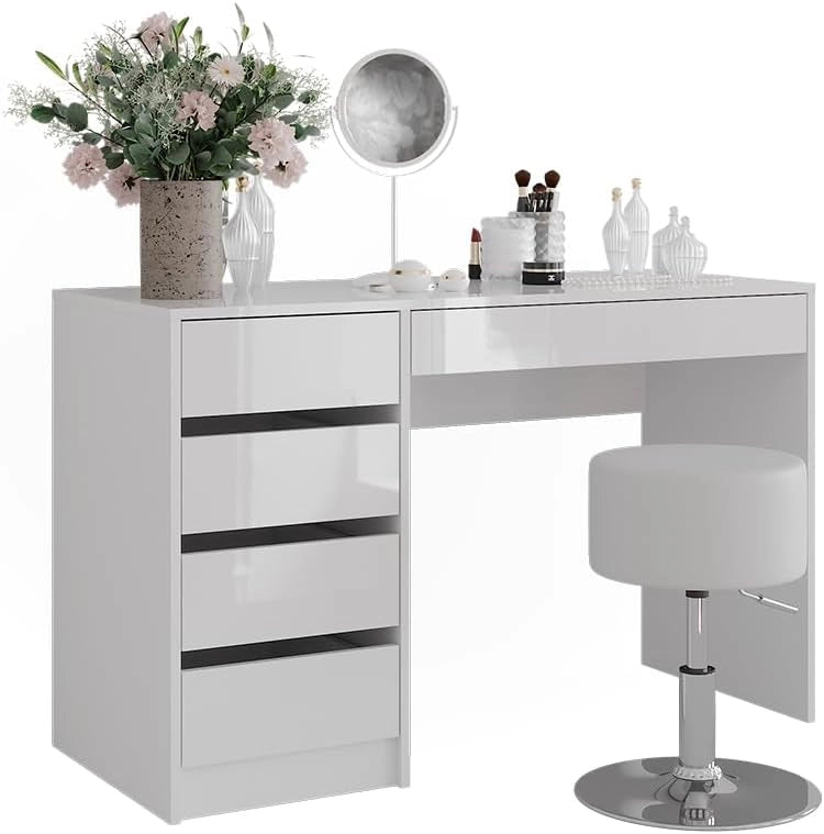 Tavolo da toeletta Sherry, Bianco/bianco lucido, 119.8 cm con sgabello