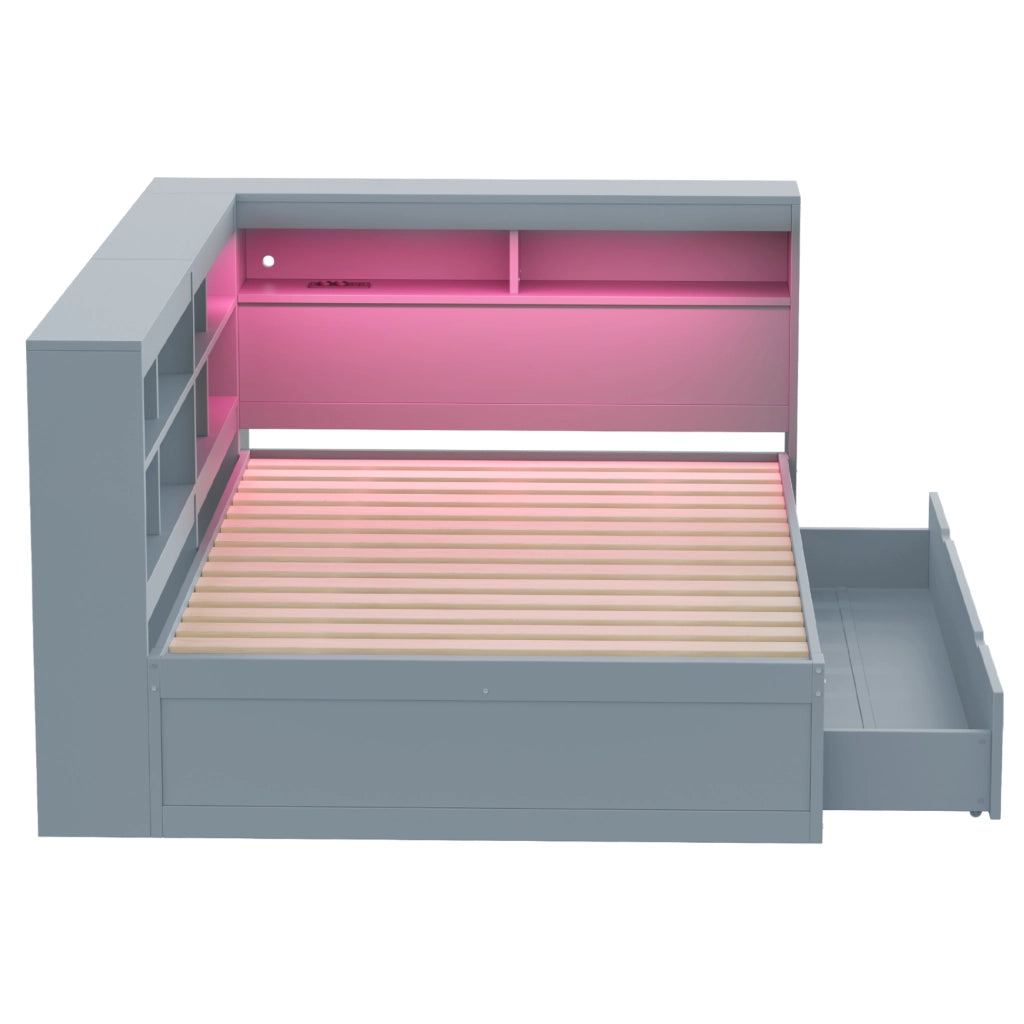 Letto Contenitore Matrimoniale 140x200 cm; USB; LED; Mensole e Scomparti in Legno Grigio