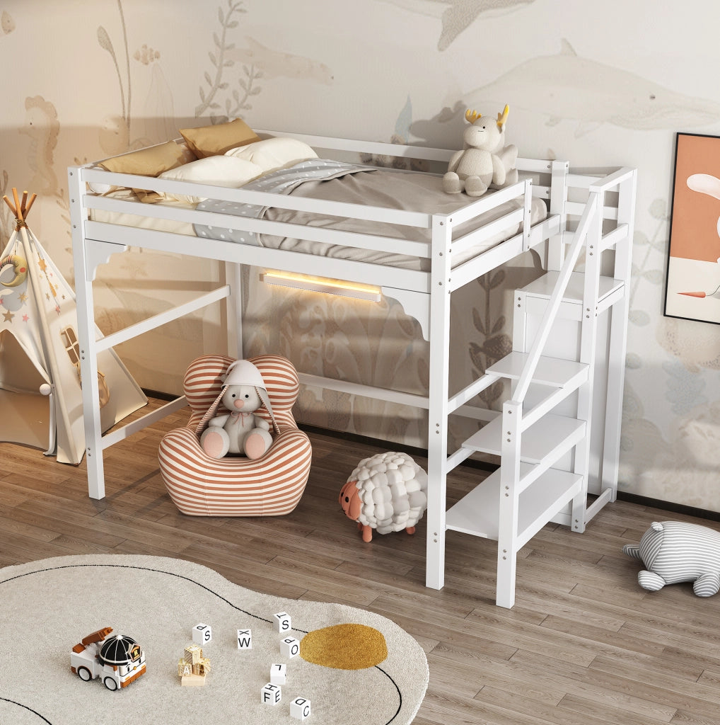 Letto a soppalco 140x200 cm con armadio e scala contenitore