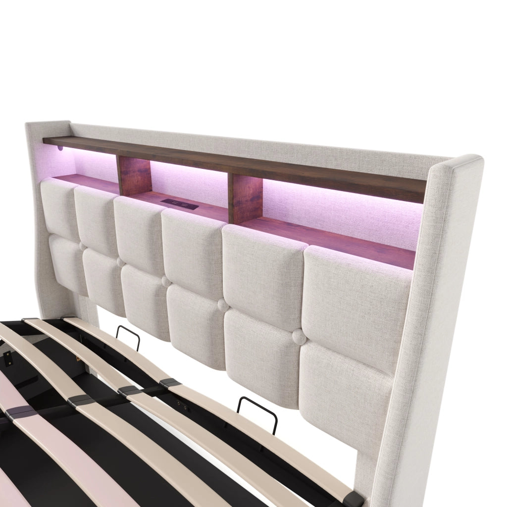 Letto contenitore 160 × 200 cm con LED, USB e materasso incluso, in lino beige