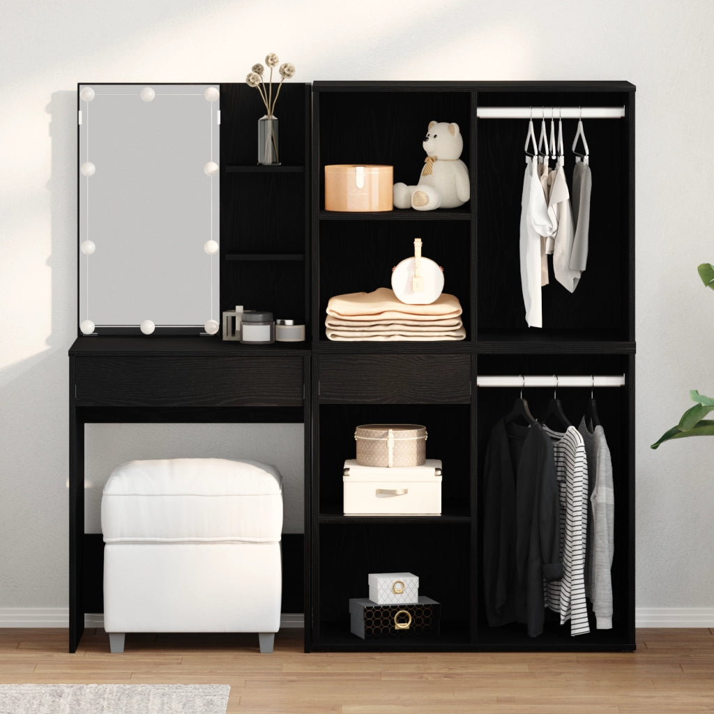 Tavolo da trucco LED con 2 armadietti in rovere nero in legno ingegnerizzato