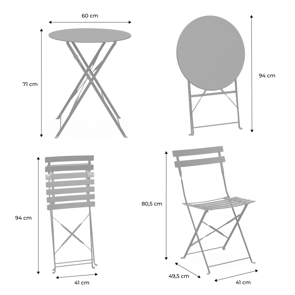 Set tavolo da giardino bistrot pieghevole in acciaio con 2 sedie,