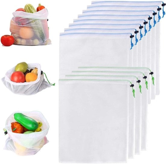 Set di sacchi di frutta e verdura riutilizzabili 8 pezzi trasparenti 42 x 30 cm lavabili - Sacchi di contenimento per frutta e verdura - Bianco.