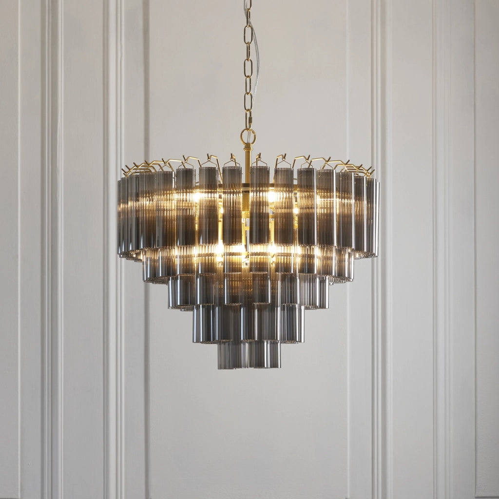 Lampadario Toulouse ottone satinato vetro fumé 12xG9 Endon