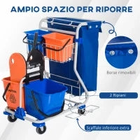 Carrello Pulizie Professionale con Sacco per Immondizia, 2 Secchi Lavapavimenti 18L, 2 Secchio Portaoggetti 6L, Strizzatore per Mocio, Gancio e Ruote per Hotel e Albergo, 93x80x97 cm, Arancione