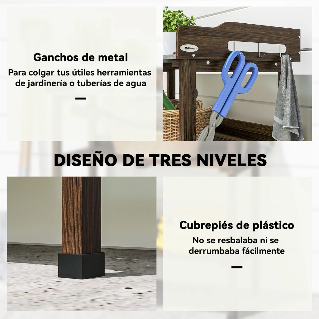 Tavolo da Giardino con Ripiani e Ganchi ¨C Zephmum ¨C Legno e Metallo Carbonizzato 76x37x89 cm