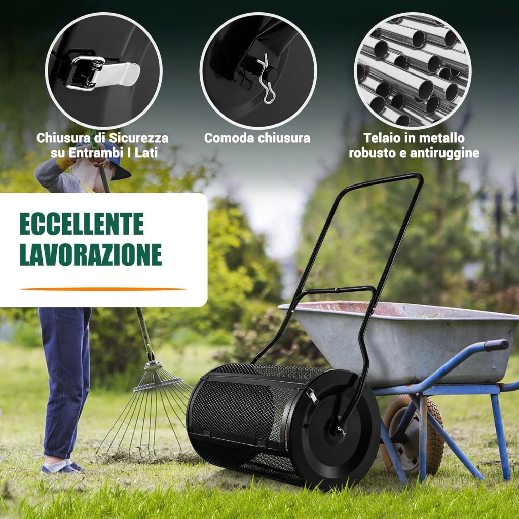Spandiconcime da 60,5 cm, Rullo da Giardino con Impugnatura Pratica Chiusure Laterali e Rete in Metallo per Concimazione e Semina, Rullo Spandiconcime per Prato Giardino, Verde (Nero)