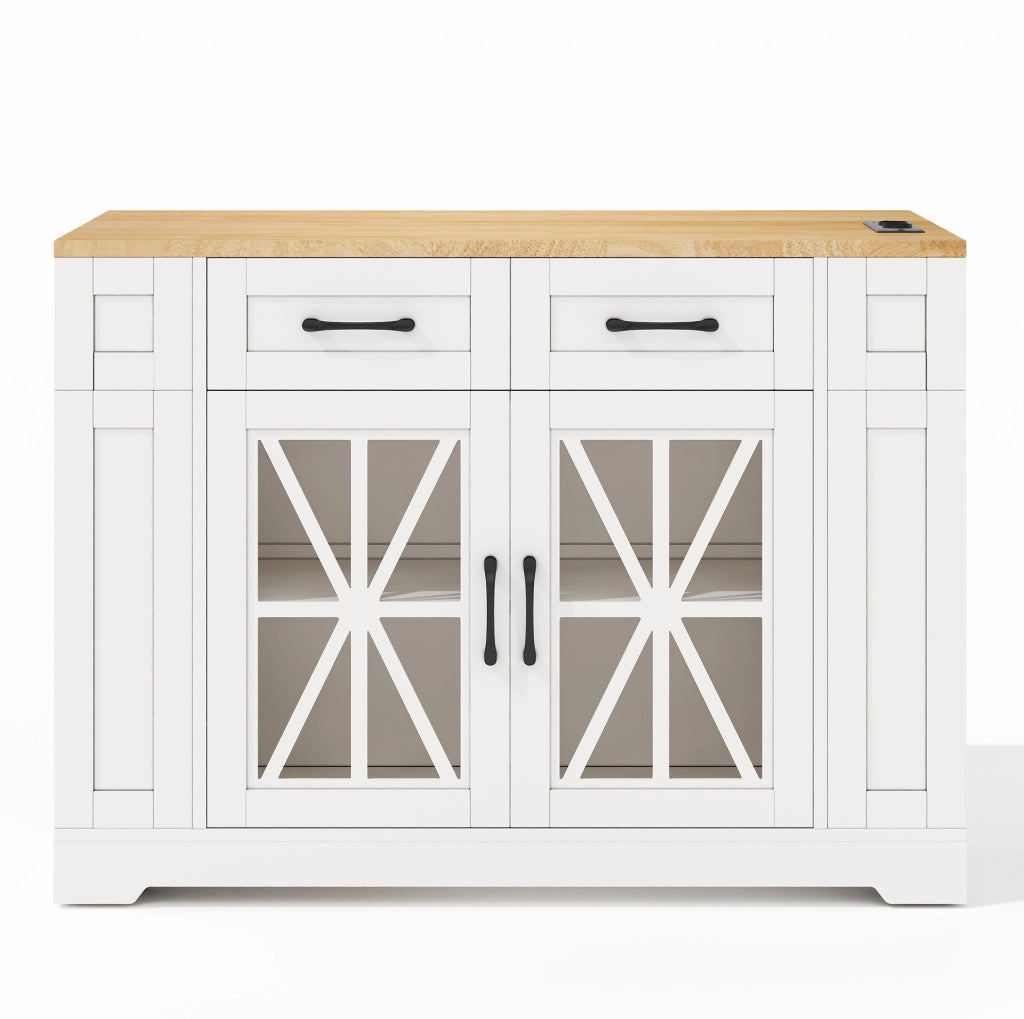 Isola da cucina mobile 120 cm con piano ribaltabile; prese AC e USB; bianco e naturale