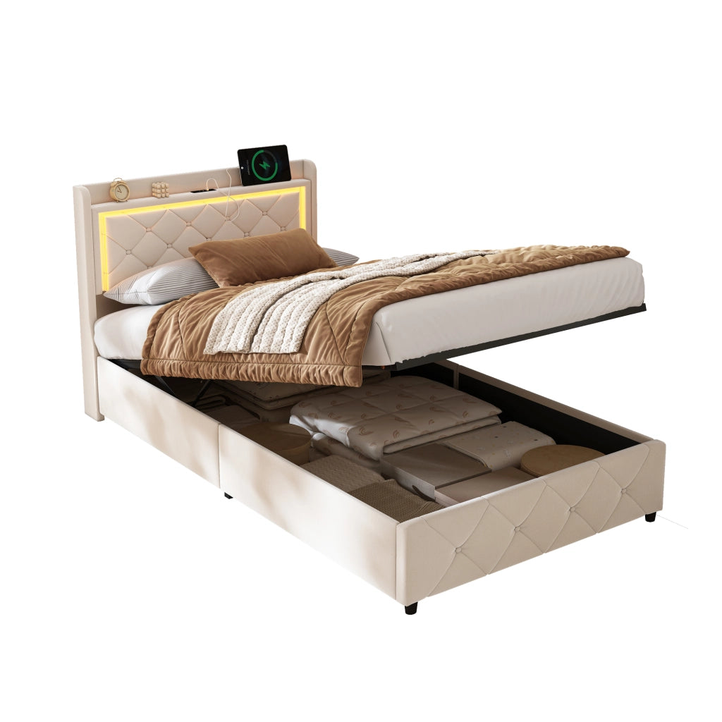 Letto singolo contenitore 90x200 cm con testiera LED e porta USB struttura letto imbottita con contenitore idraulico in velluto beige
