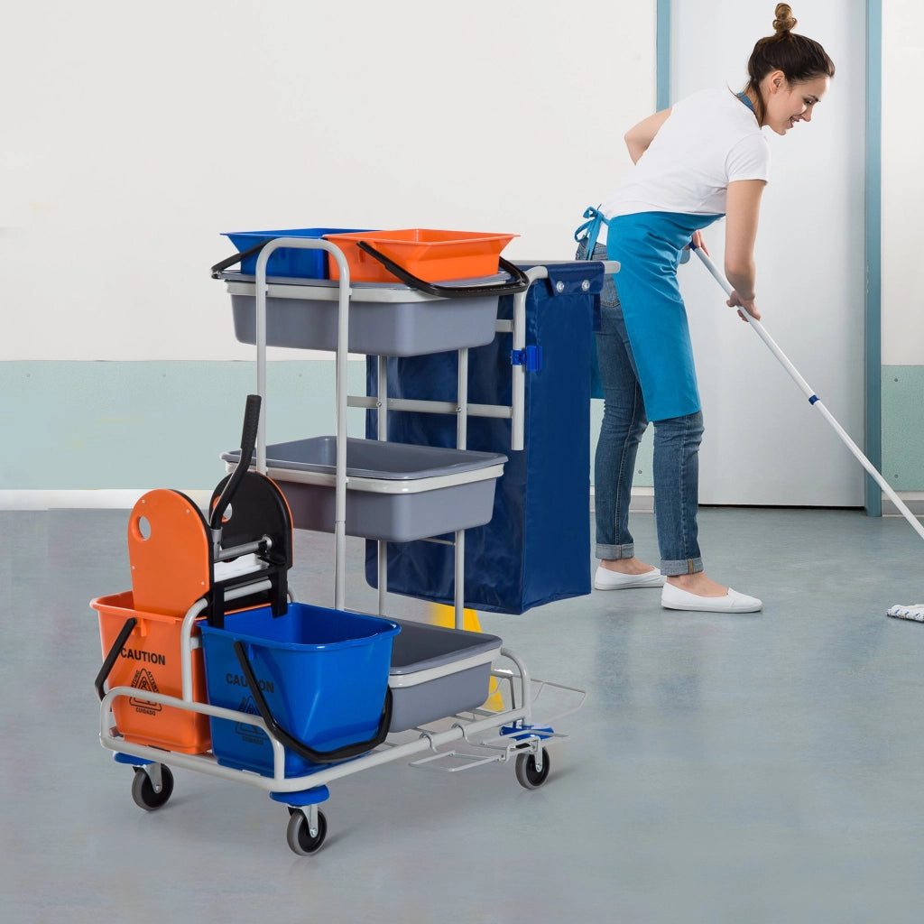 EasyComfort Carrello per Pulizie Professionale Multiuso con 4 Secchi Rotelle Borsa di Tela 118 × 73 × 103cm
