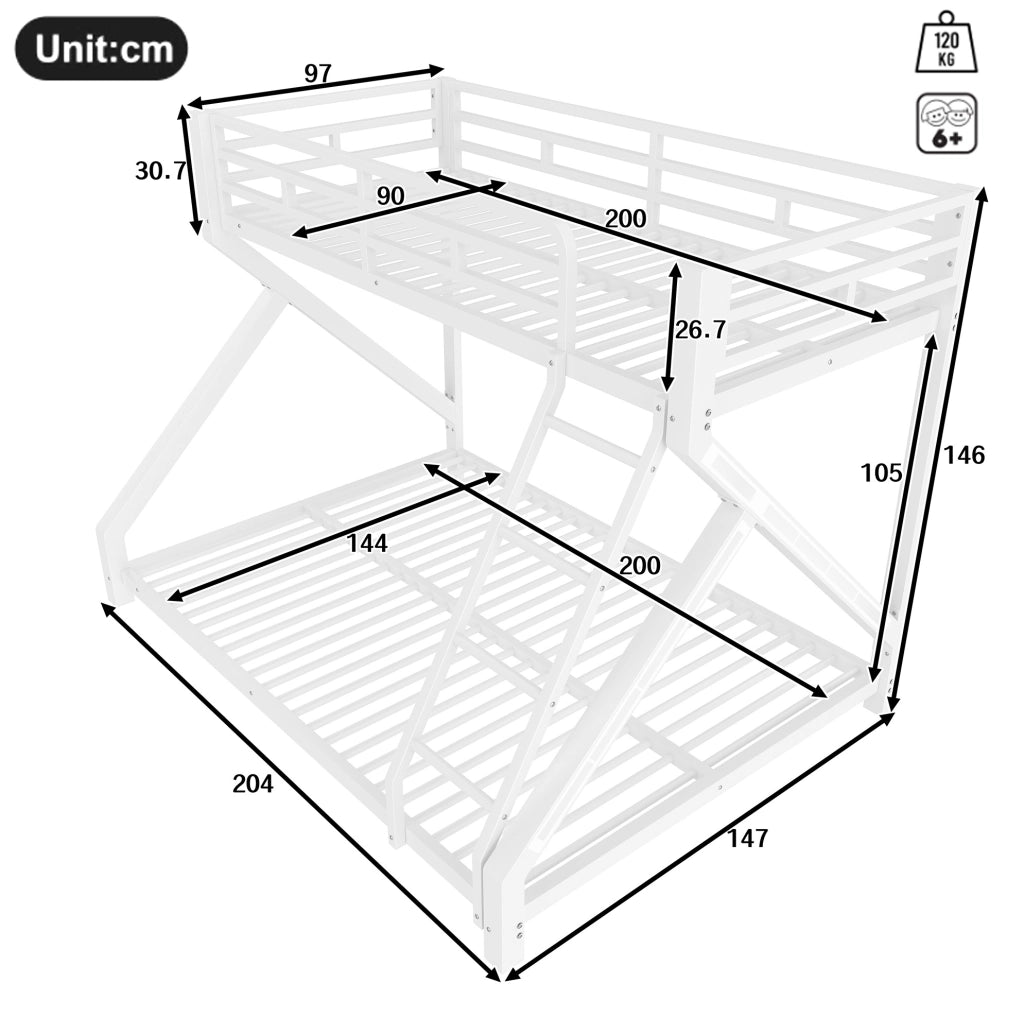 Letto a castello in metallo con LED; 90x200 cm e 140x200 cm; bianco