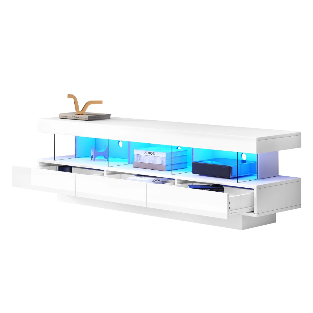 Mobile TV con 3 vani in vetro e LED Bluetooth - per soggiorno - 160x38x50.5 cm - bianco