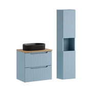 Insieme VANO blu denim e rovere chiaro 90cm: mobile sottolavabo con cassetti + piano per lavabo + lavabo da appoggio nero + colonna