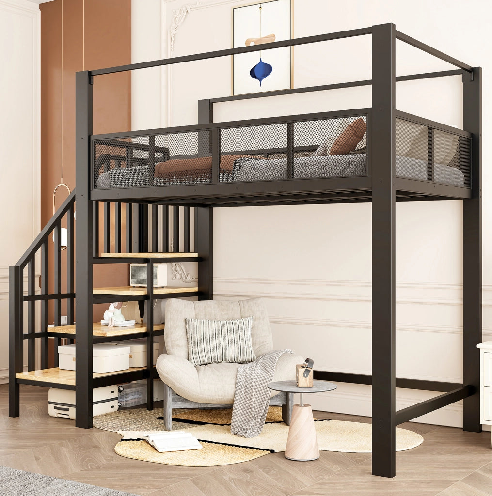 Letto a soppalco 90x200 cm con scala e baldacchino in metallo nero