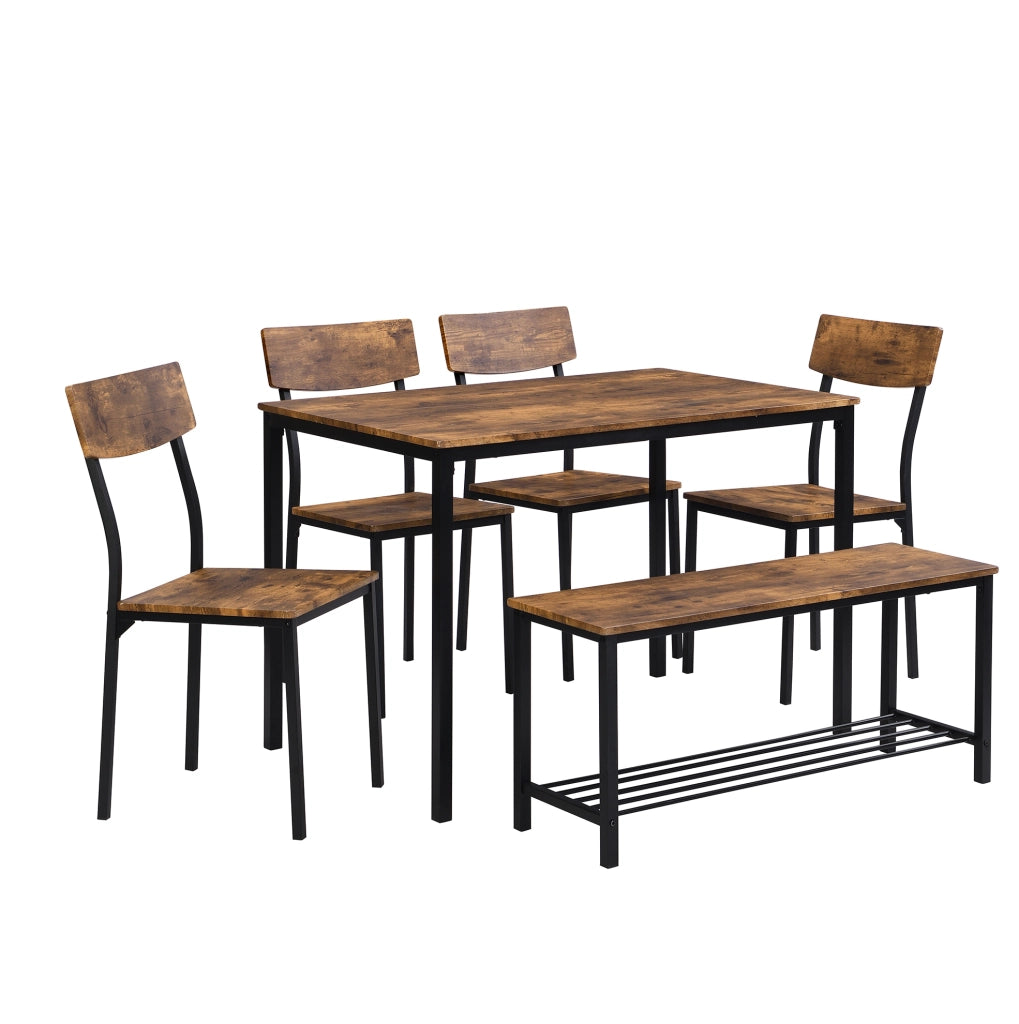 Set da pranzo con tavolo; 4 sedie e 1 sgabello; pannello truciolare e metallo; marrone