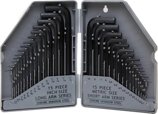 Set di chiavi a 30 pezzi per interno angolo, set di chiavi a croce, set di chiavi a ingranaggio, in polliche e centimetri, con lama di acciaio termicamente trattata, chiavi corte e lunghe per uso industriale.
